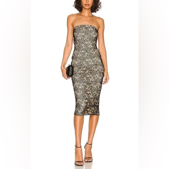 NBD/ Revolve/ Black and Nude Lace Strappless Bodycon Dress - Picture 2 of 9